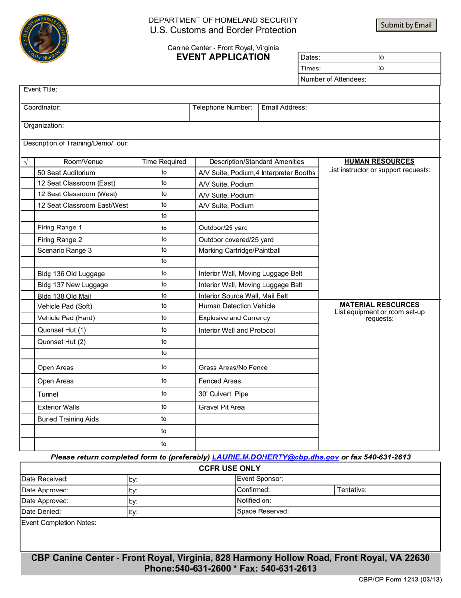 CBP Form 1243 Canine Center Event Application, Page 1