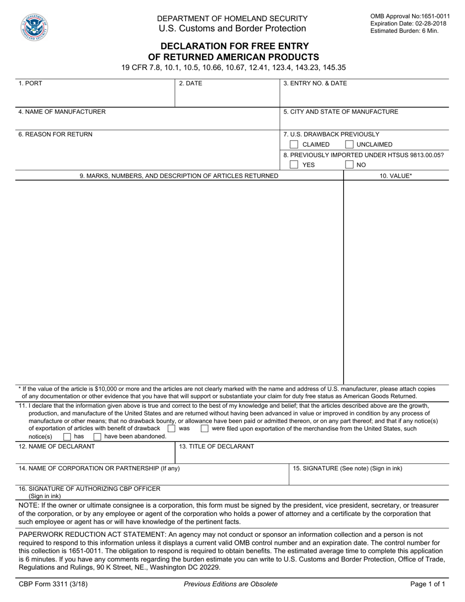 CBP Form 3311 Declaration for Free Entry of Returned American Products, Page 1