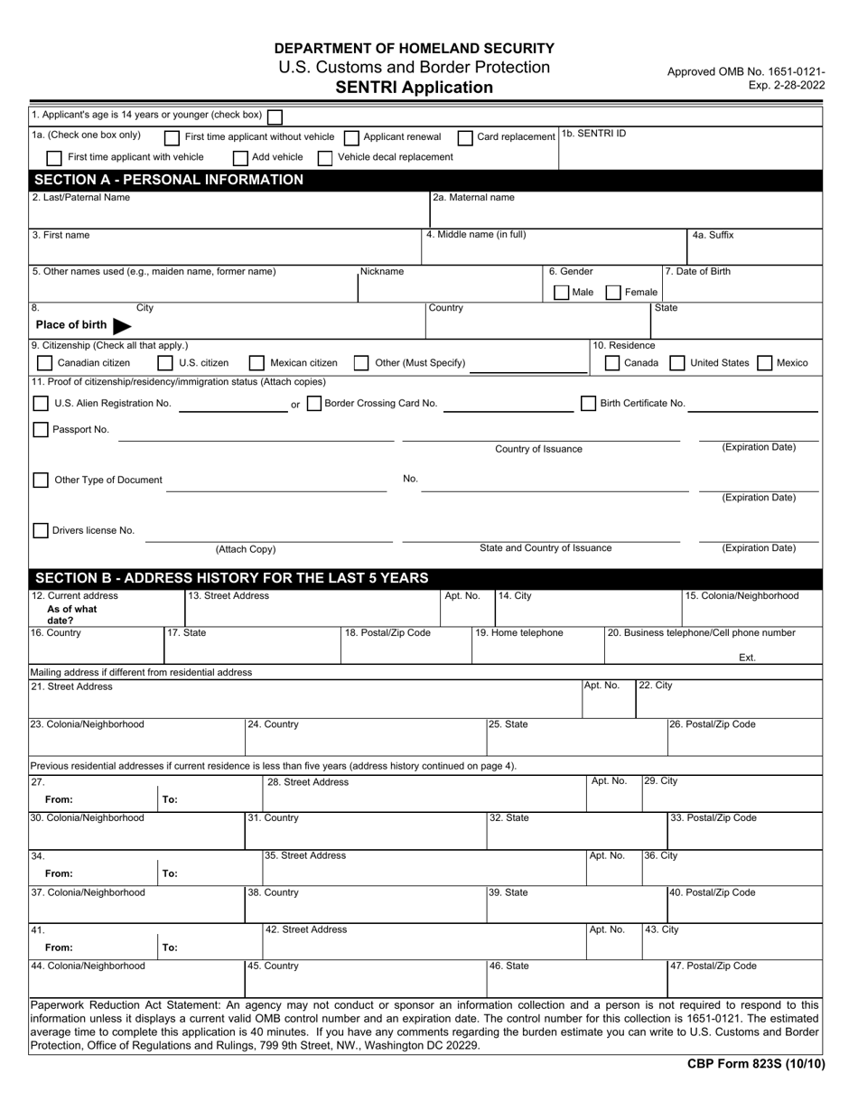 CBP Form 823S Sentri Application, Page 1