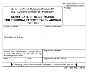 CBP Form 4457 &quot;Certificate of Registration for Personal Effects Taken Abroad&quot;