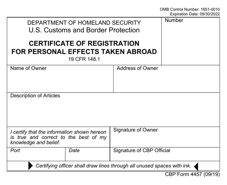 CBP Form 4457 Certificate of Registration for Personal Effects Taken Abroad, Page 1