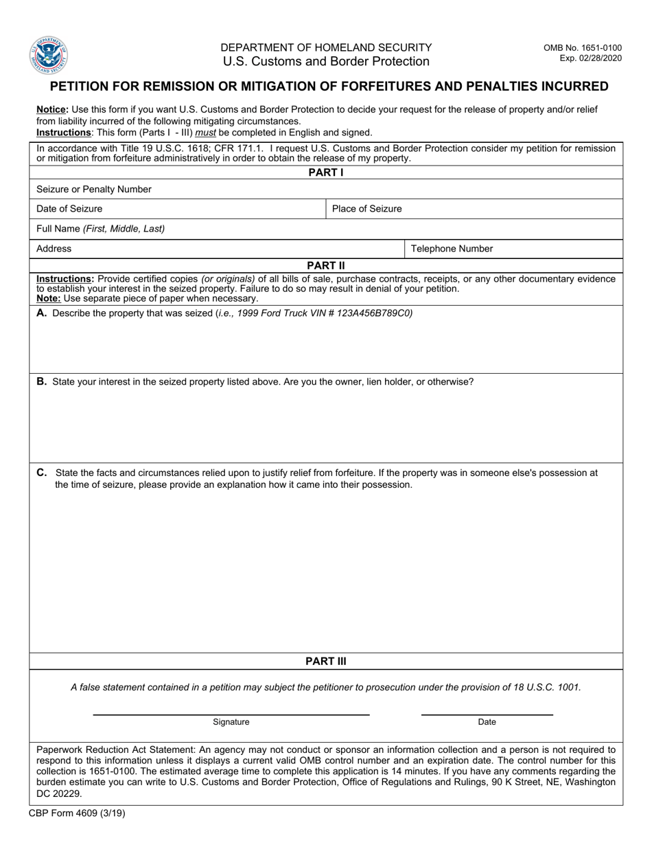 CBP Form 4609 Petition for Remission or Mitigation of Forfeitures and Penalties Incurred, Page 1