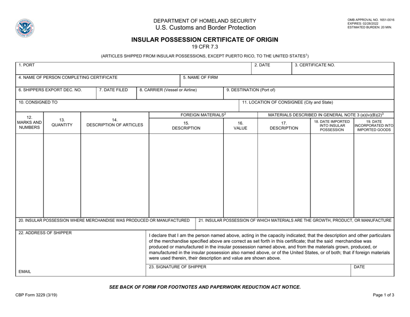 CBP Form 3229  Printable Pdf