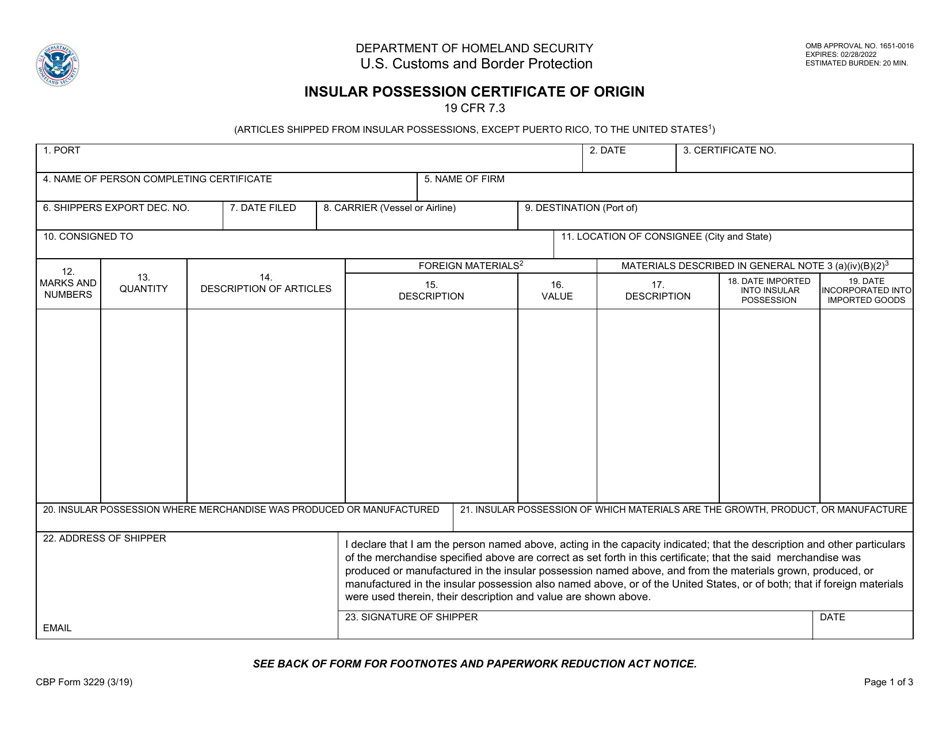 CBP Form 3229 Insular Possession Certificate of Origin, Page 1
