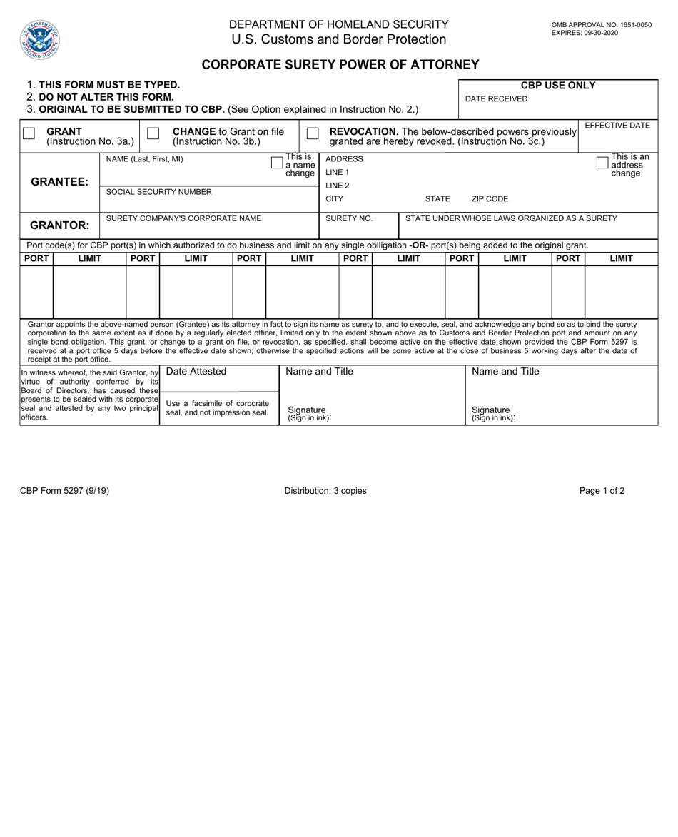 CBP Form 5297 Corporate Surety Power of Attorney, Page 1