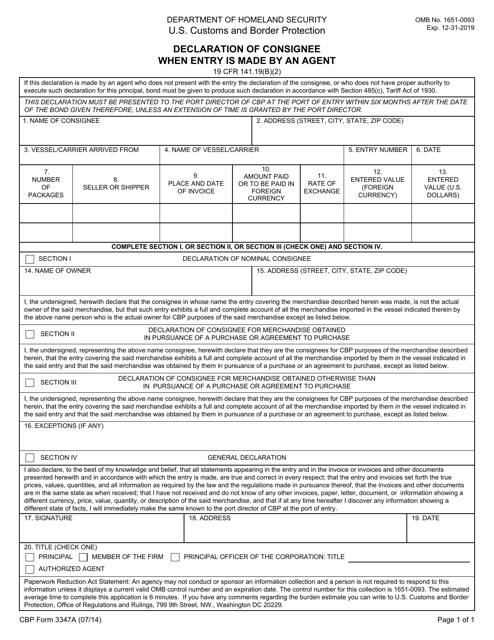 CBP Form 3347A Declaration of Consignee When Entry Is Made by an Agent