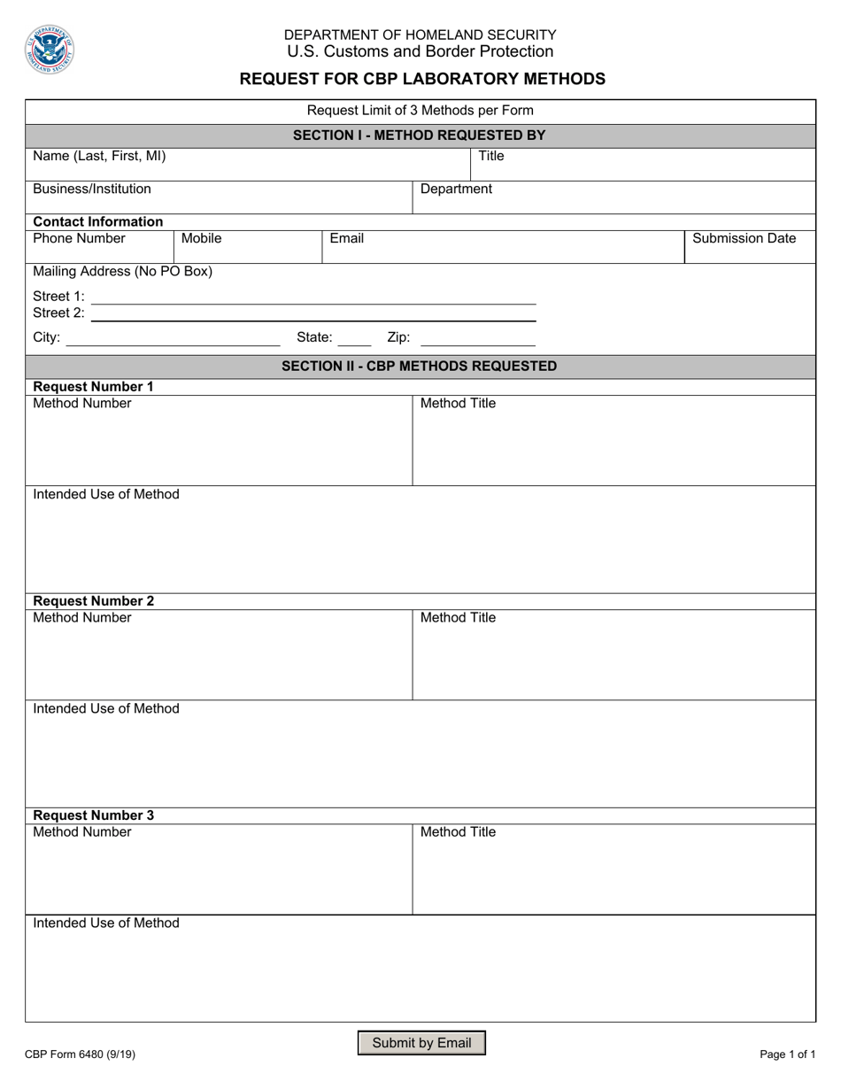 CBP Form 6480 Request for CBP Laboratory Methods, Page 1