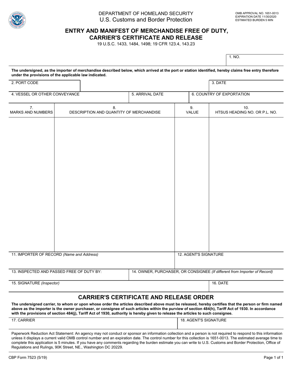 CBP Form 7523 Entry and Manifest of Merchandise Free of Duty, Carriers Certificate and Release, Page 1