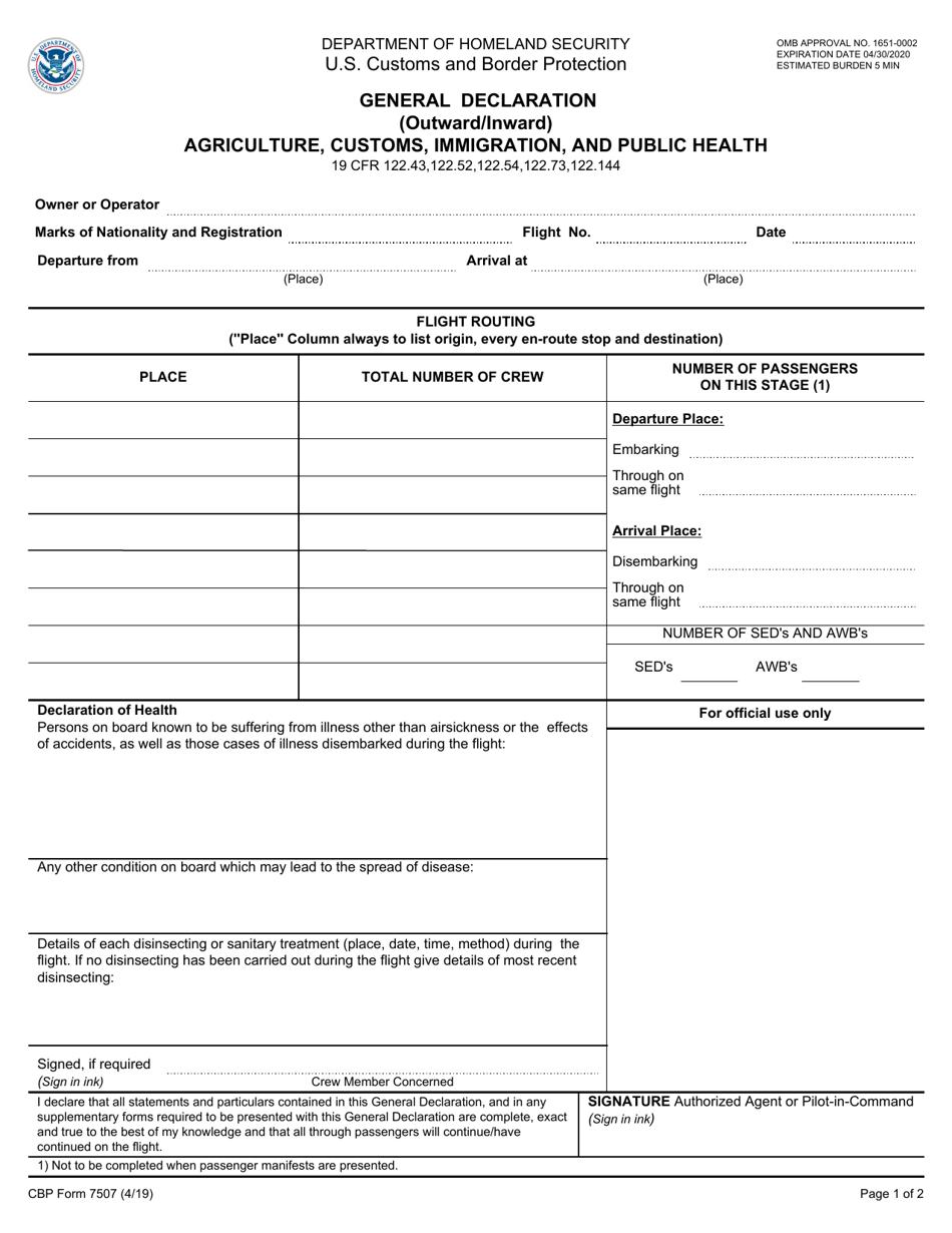 CBP Form 7507 General Declaration Agriculture, Customs, Immigration and Public Health, Page 1