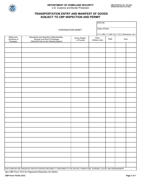CBP Form 7512A Transportation Entry and Manifest of Goods Subject to CBP Inspection and Permit - Continuation Sheet