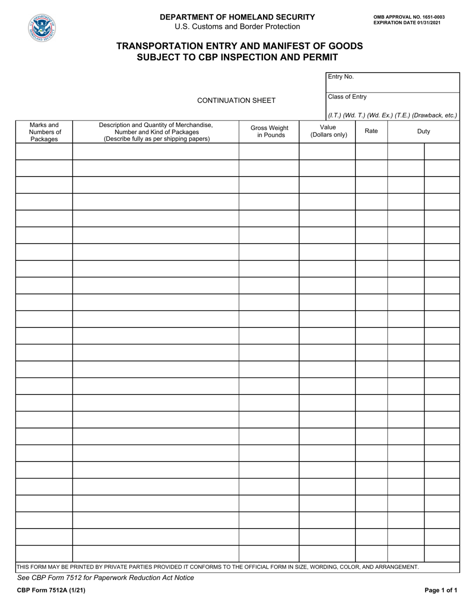 CBP Form 7512A Transportation Entry and Manifest of Goods Subject to CBP Inspection and Permit - Continuation Sheet, Page 1