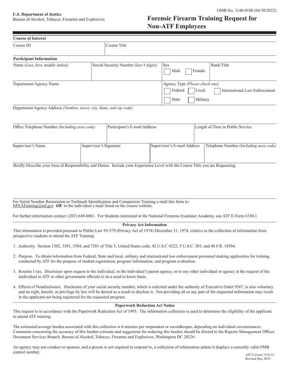 ATF Form 7110.15 Forensic Firearm Training Request for Non-ATF Employees, Page 1