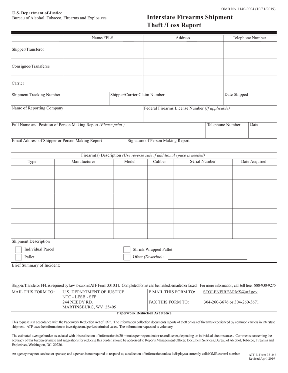 ATF Form 3310.6 Interstate Firearms Shipment Theft / Loss Report, Page 1