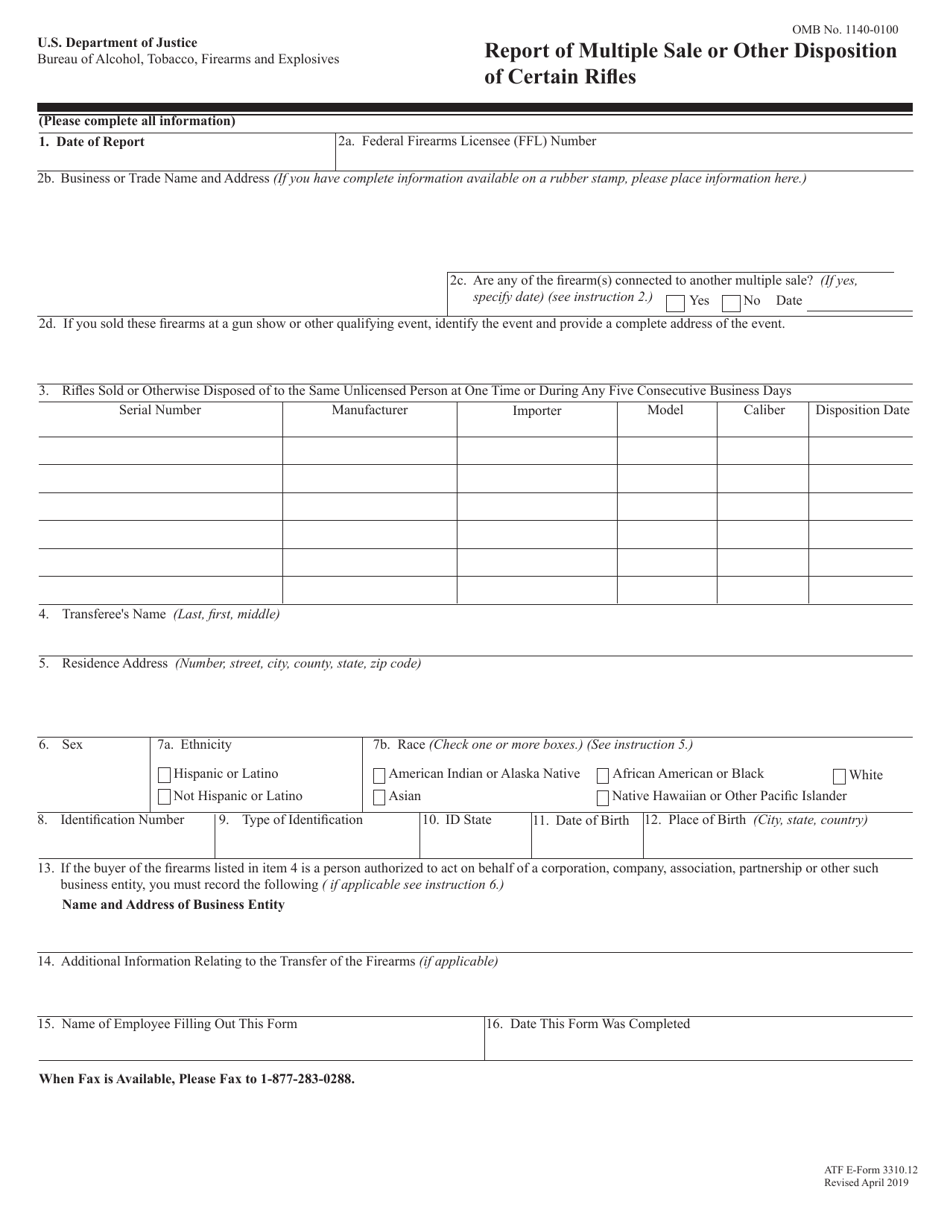 ATF Form 3310.12 Report of Multiple Sale or Other Disposition of Certain Rifles, Page 1