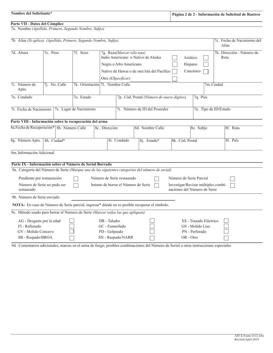 ATF Formulario 3312.1(S) Solicitud De Rastreo Del Centro Nacional De Rastreos (Spanish), Page 2