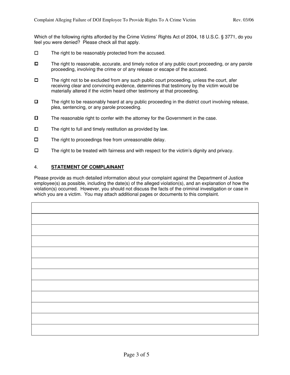 Complaint Alleging Failure of Department of Justice Employee to Provide Rights to a Crime Victim Under the Crime Victims Rights Act of 2004, Page 3
