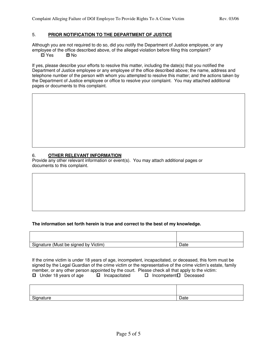 Complaint Alleging Failure of Department of Justice Employee to Provide Rights to a Crime Victim Under the Crime Victims Rights Act of 2004, Page 5
