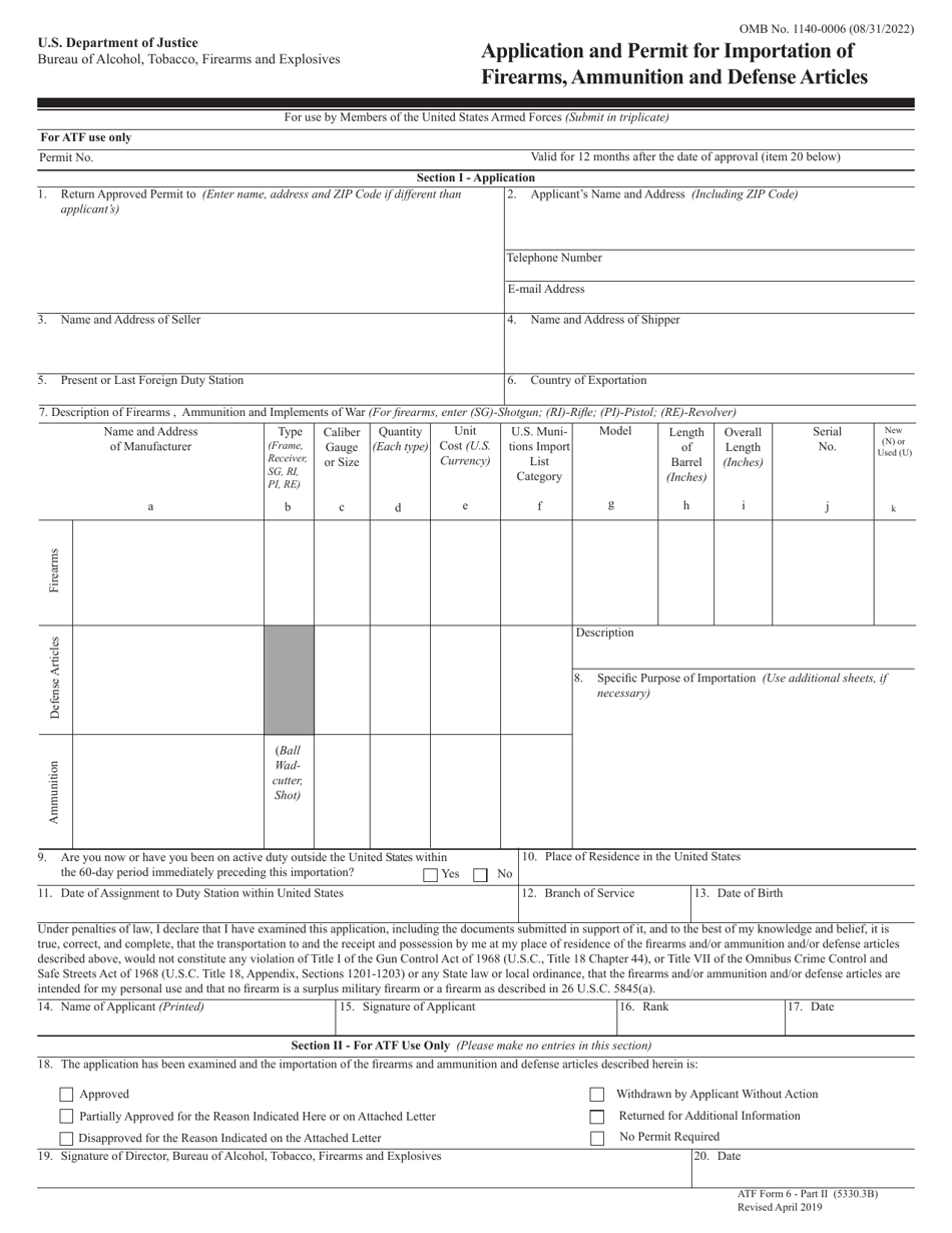 ATF Form 6 (5330.3B) Part II Application and Permit for Importation of Firearms, Ammunition and Defense Articles, Page 1