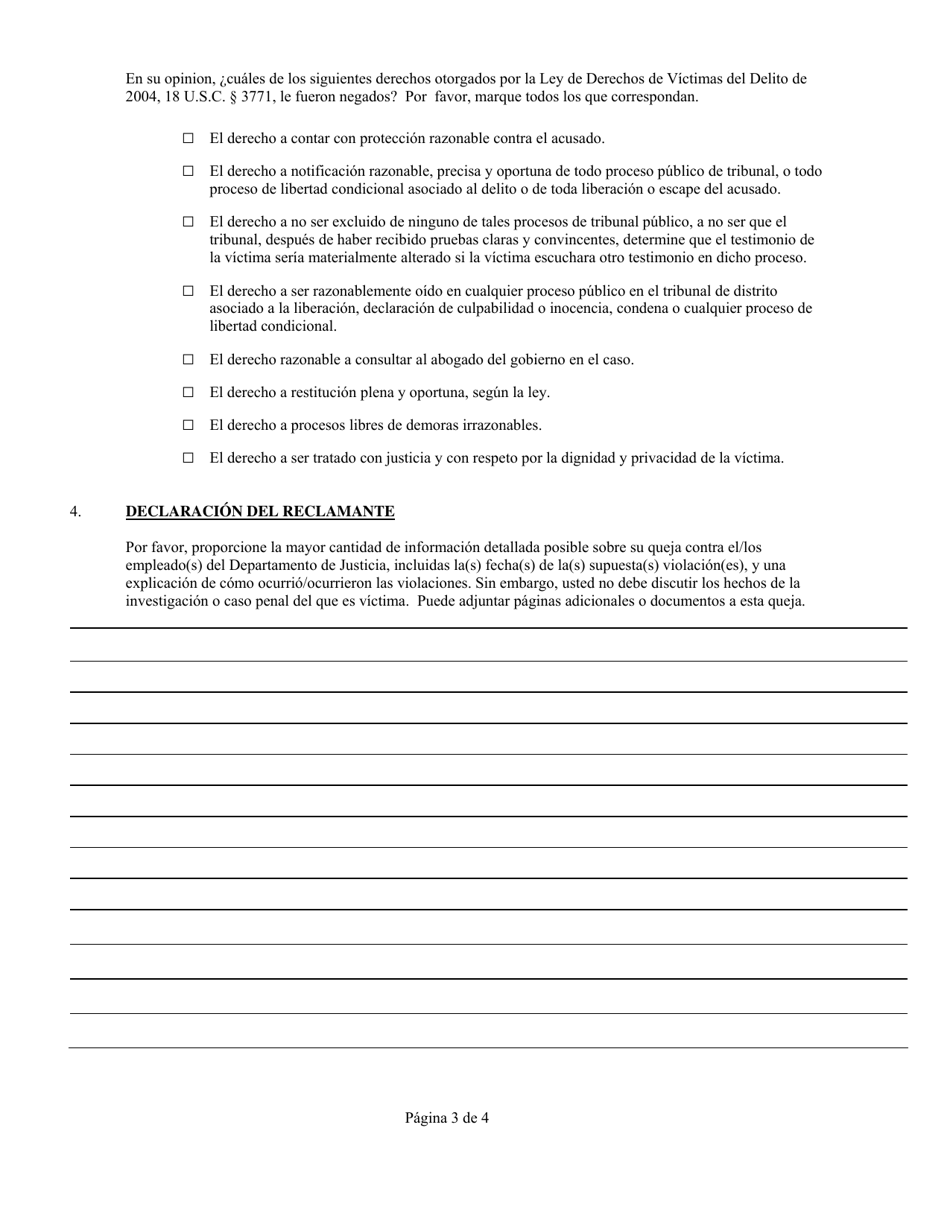 Queja Alegato De Que Un Empleado Del Departamento De Justicia No Ha Otorgado Derechos a Una Victima Del Delito De Acuerdo Con La Ley De Derechos De Victimas Del Delito De 2004 (Spanish), Page 3