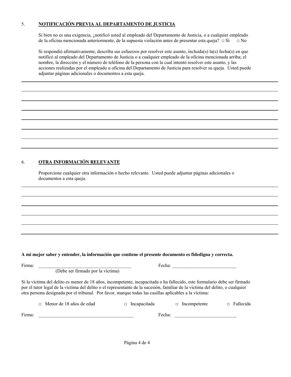 Queja Alegato De Que Un Empleado Del Departamento De Justicia No Ha Otorgado Derechos a Una Victima Del Delito De Acuerdo Con La Ley De Derechos De Victimas Del Delito De 2004 (Spanish), Page 4
