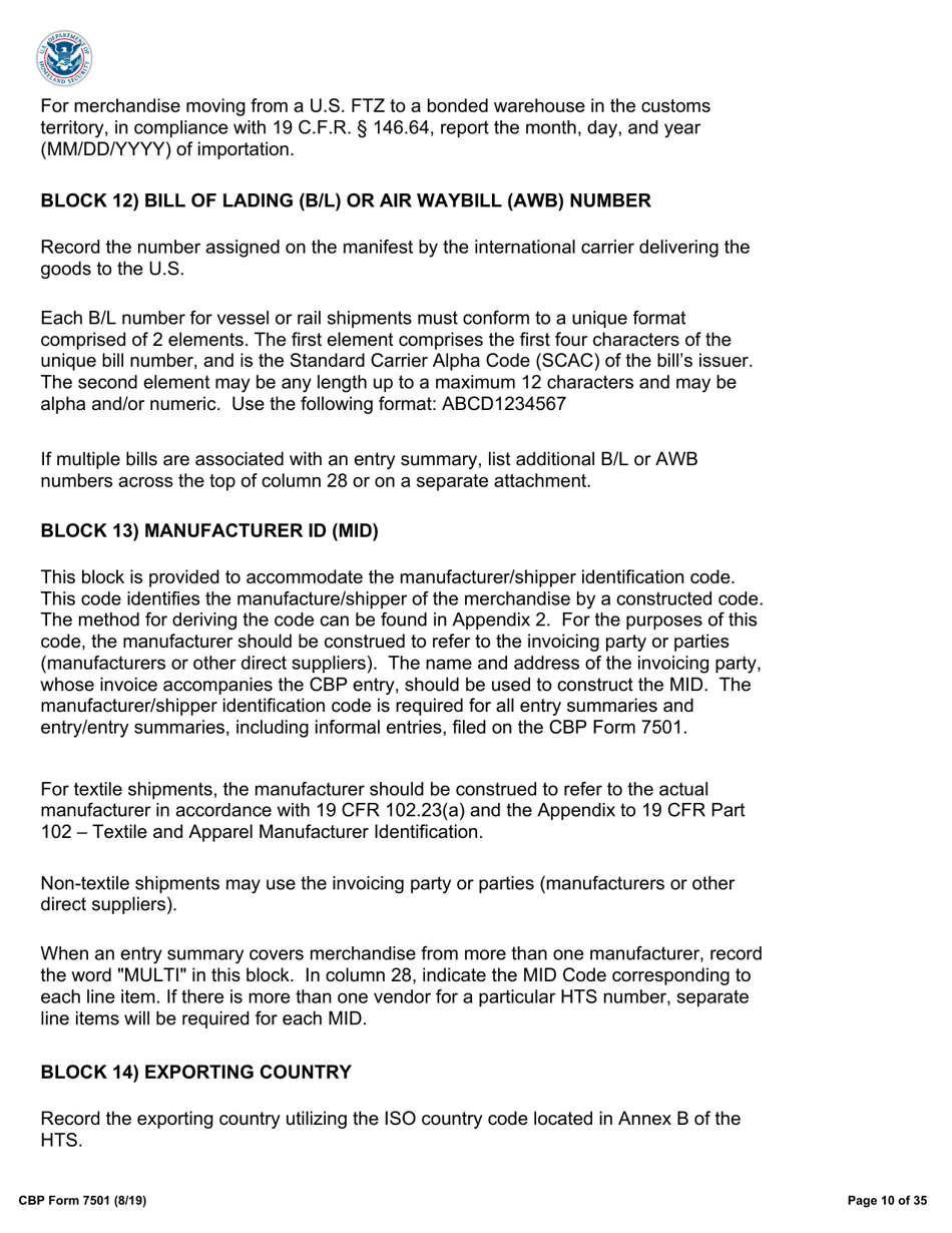 CBP Form 7501 Entry Summary, Page 10