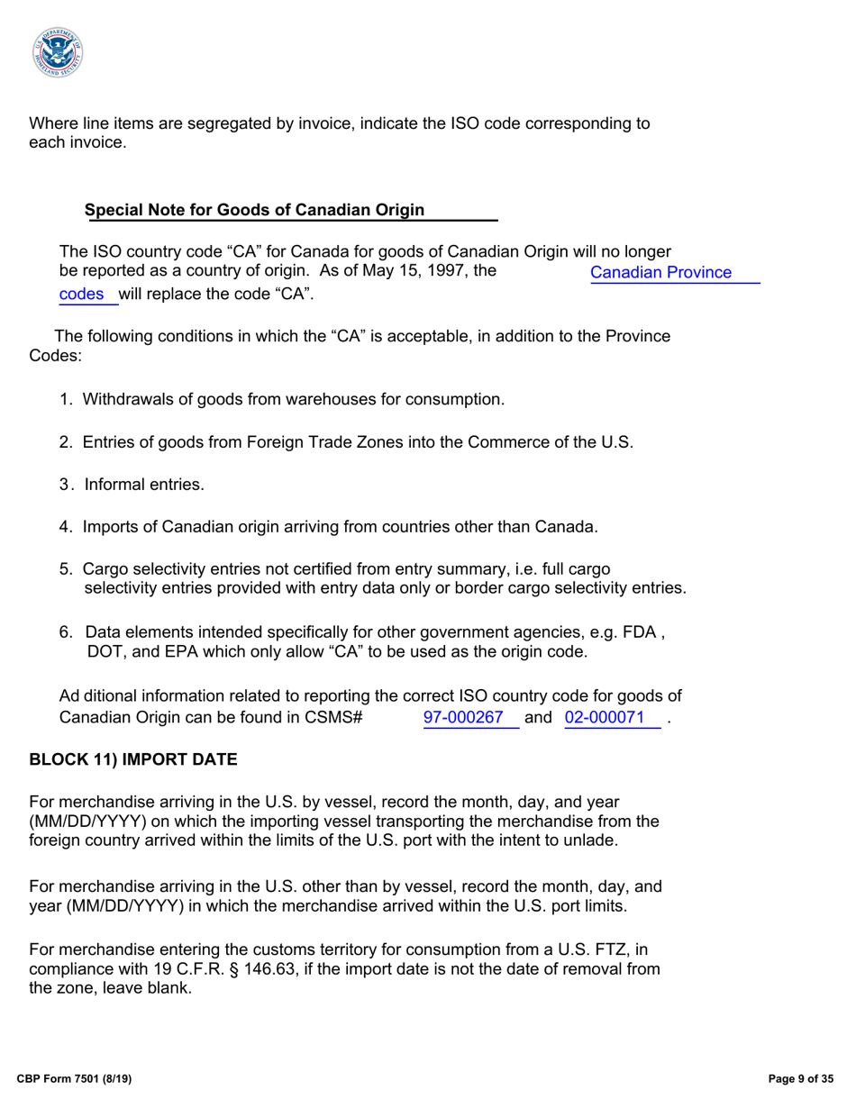 CBP Form 7501 Entry Summary, Page 9