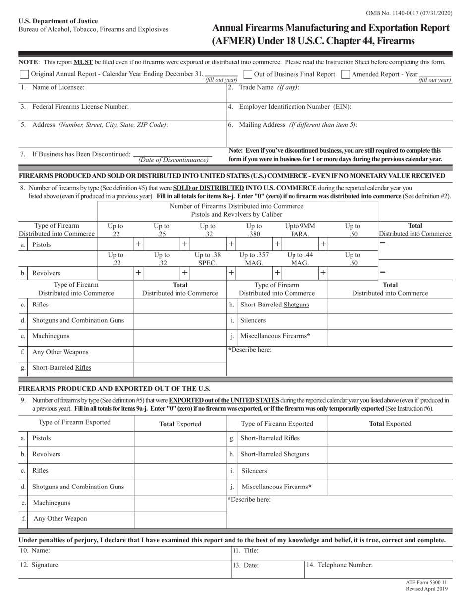 ATF Form 5300.11 Annual Firearms Manufacturing and Exportation Report (Afmer) Under 18 U.s.c. Chapter 44, Firearms, Page 1