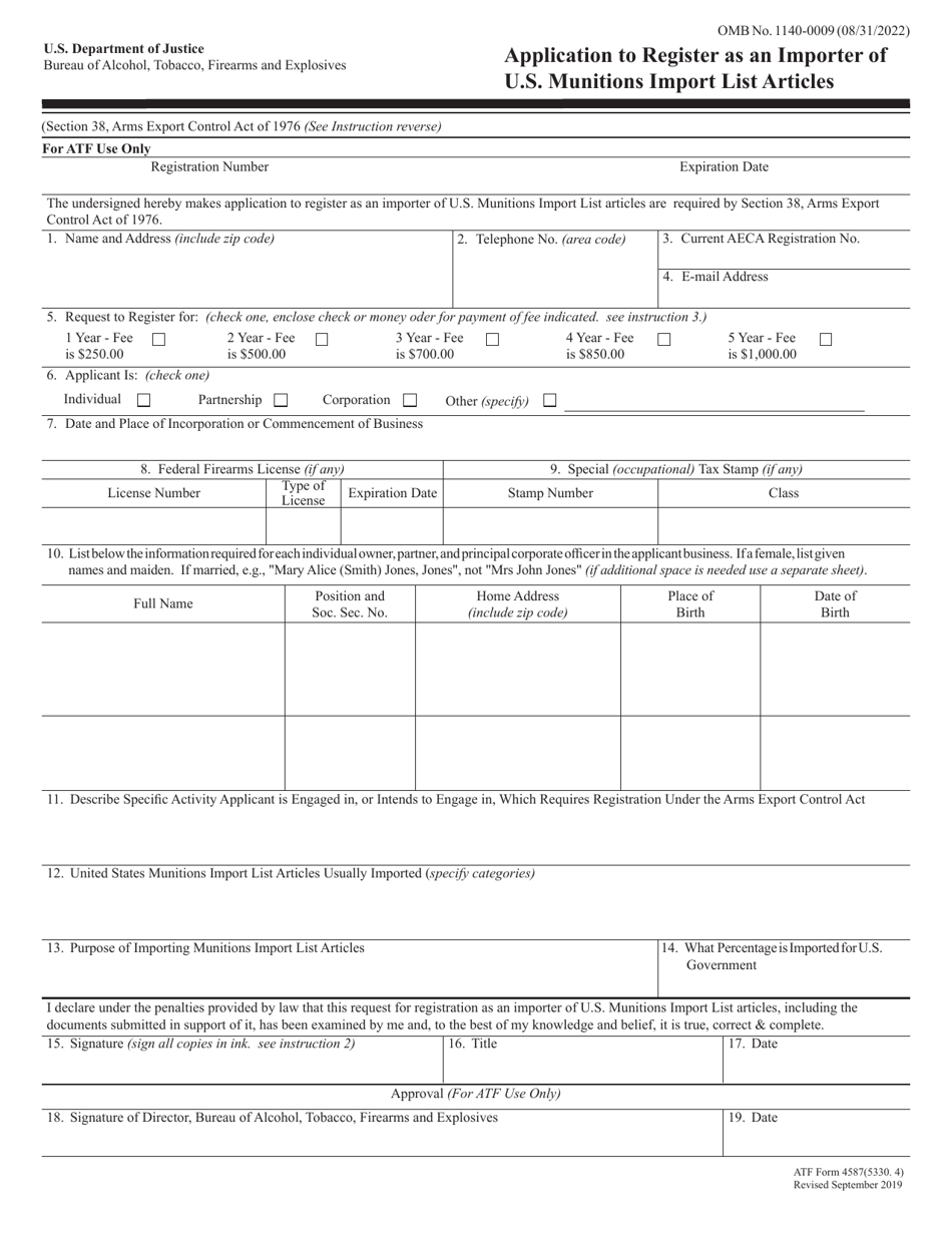 ATF Form 4587 (5330.4) Application to Register as an Importer of U.S. Munitions Import List Articles, Page 1