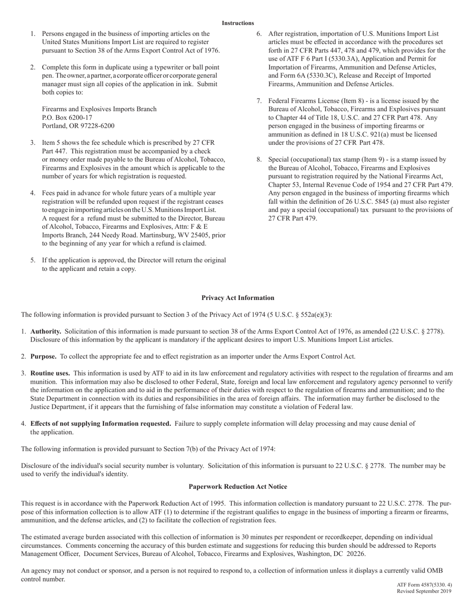 ATF Form 4587 (5330.4) Application to Register as an Importer of U.S. Munitions Import List Articles, Page 2