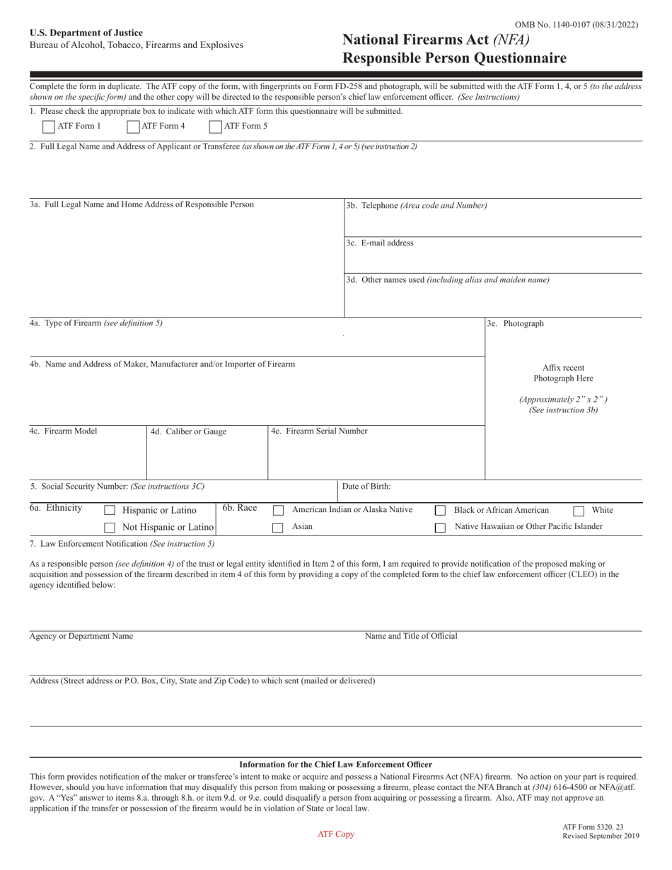 ATF Form 5320.23 National Firearms Act (Nfa) Responsible Person Questionnaire, Page 1