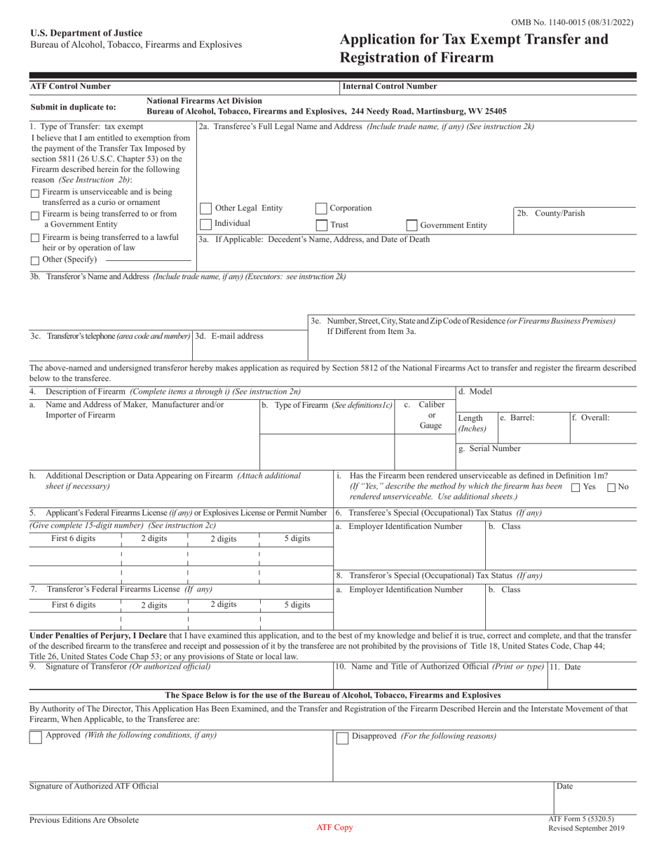 ATF Form 5 (5320.5) Application for Tax Exempt Transfer and Registration of Firearm, Page 1