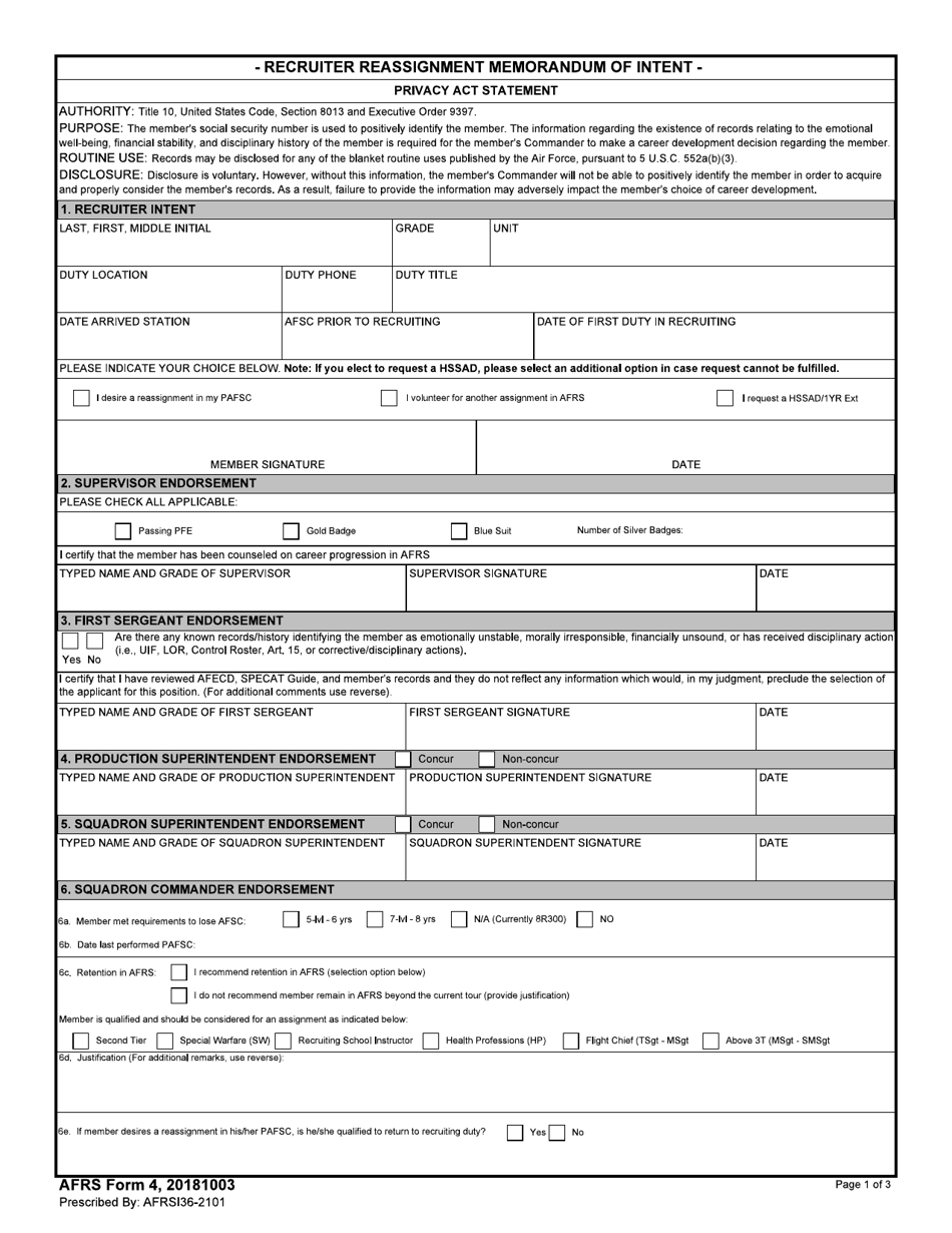 AFRS Form 4 Recruiter Reassignment Intent, Page 1