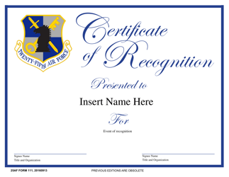 25 AF Form 111 &quot;Certificate of Recognition&quot;