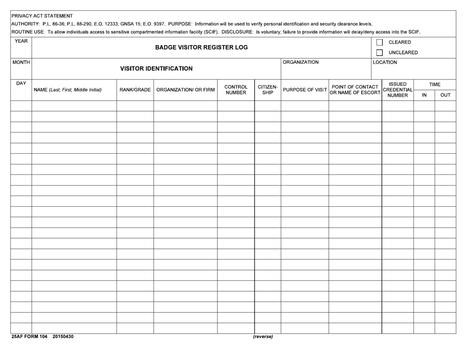 25 AF Form 104 - Fill Out, Sign Online and Download Fillable PDF ...