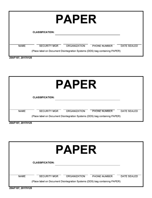 25 AF Form 107 Burn Bag Label-Paper