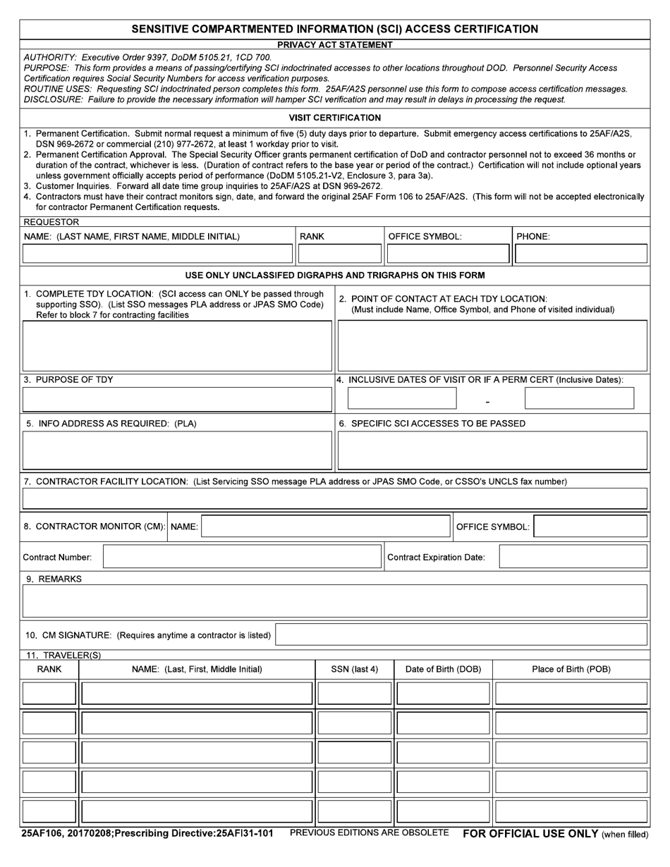 25 AF Form 106 Sensitive Compartmented Information (SCI) Access Certification, Page 1
