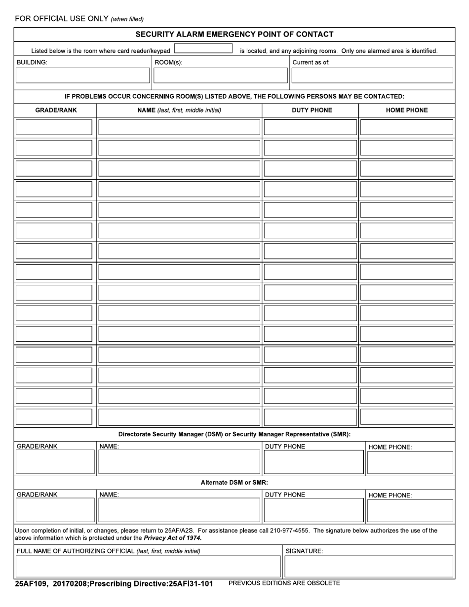 25 AF Form 109 Security Alarm Emergency Point of Contact, Page 1