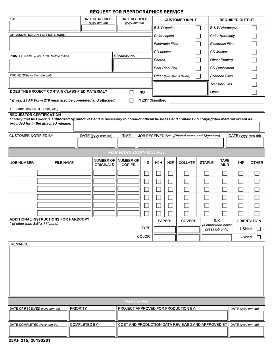 25 AF Form 215 Request for Reprographics Service, Page 1