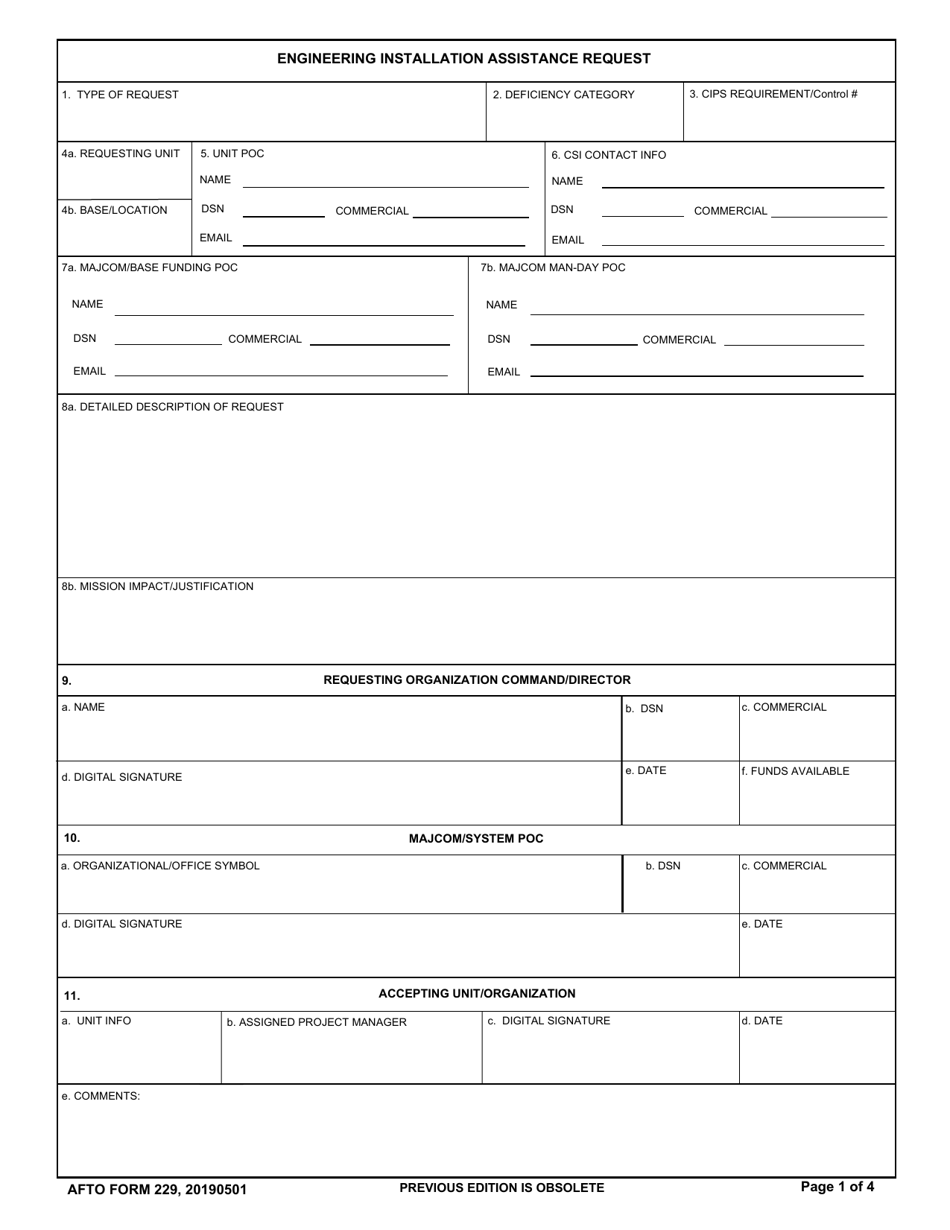 AFTO Form 229 Engineering Installation Assistance Request, Page 1