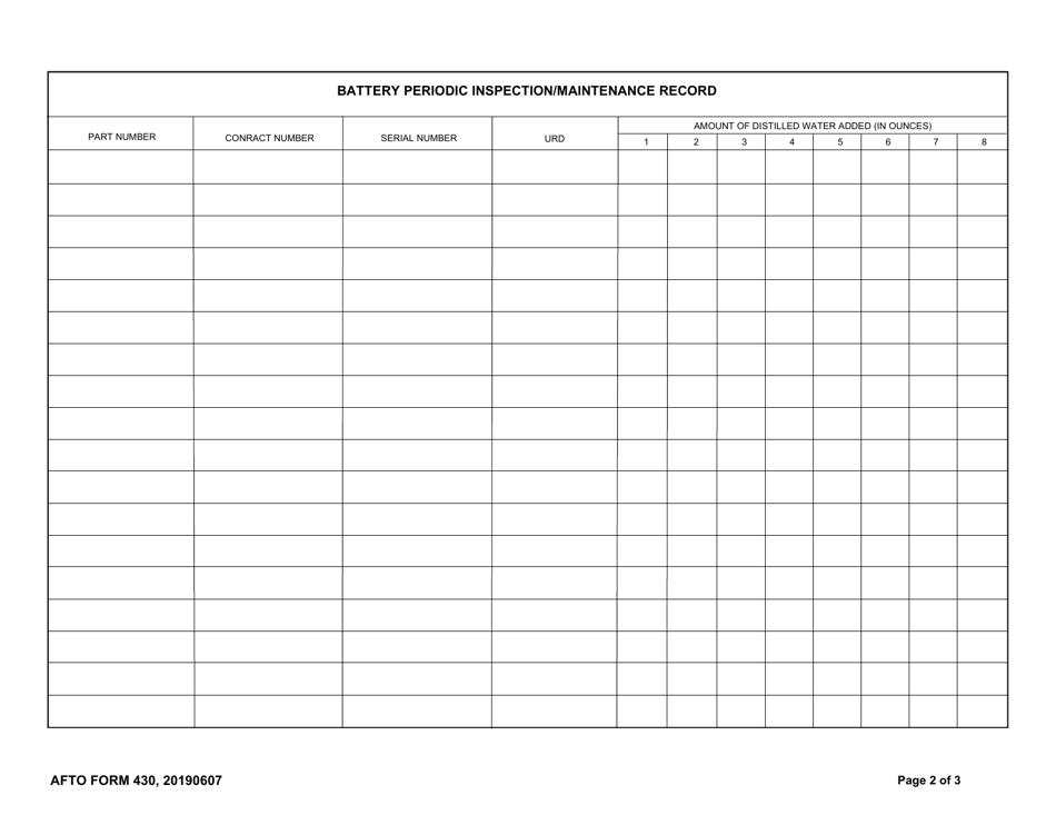 AFTO Form 430 Battery Periodic Inspection / Maintenance Record, Page 2