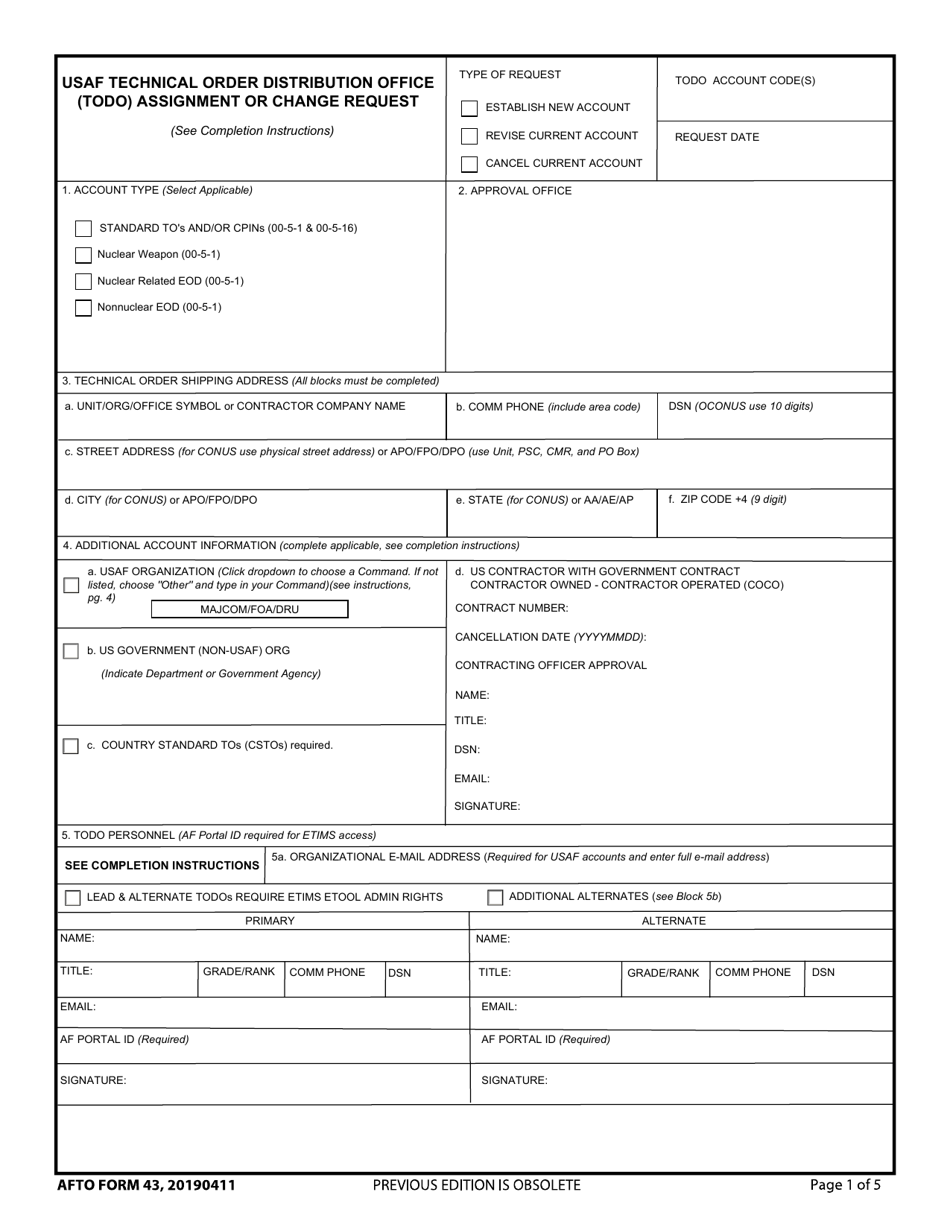 AFTO Form 43 USAF Technical Order Distribution Office (Todo) Assignment or Change Request, Page 1