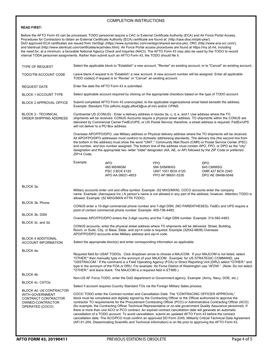 AFTO Form 43 USAF Technical Order Distribution Office (Todo) Assignment or Change Request, Page 4