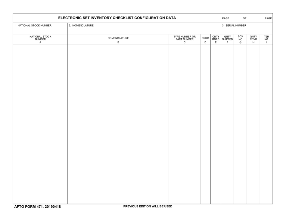AFTO Form 471 Electronic Set Inventory Checklist Configuration Data, Page 1