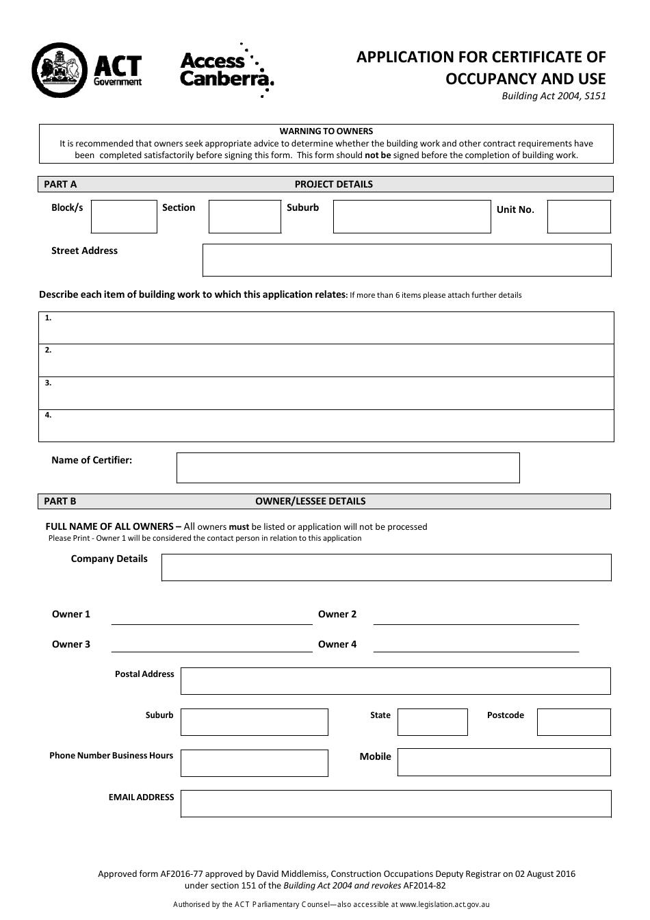 Form S151 Application for Certificate of Occupancy and Use - Australian Capital Territory, Australia, Page 1