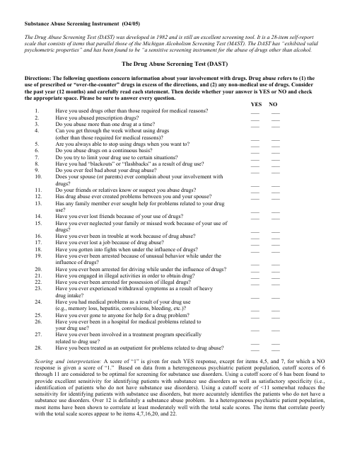The Drug Abuse Screening Test Template (Dast) - US Preventive Services Task Force Download Pdf