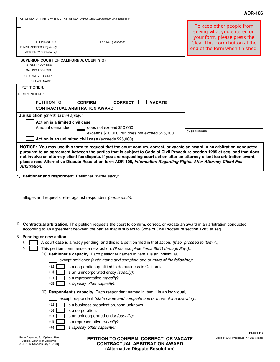 Form ADR106 Fill Out, Sign Online and Download Fillable PDF