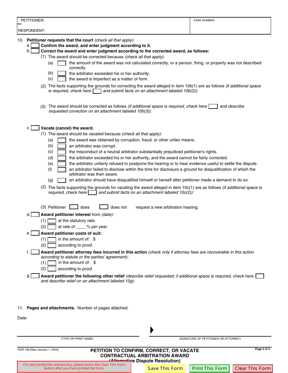 Form ADR-106 Petition to Confirm, Correct, or Vacate Contractual Arbitration Award - California, Page 3