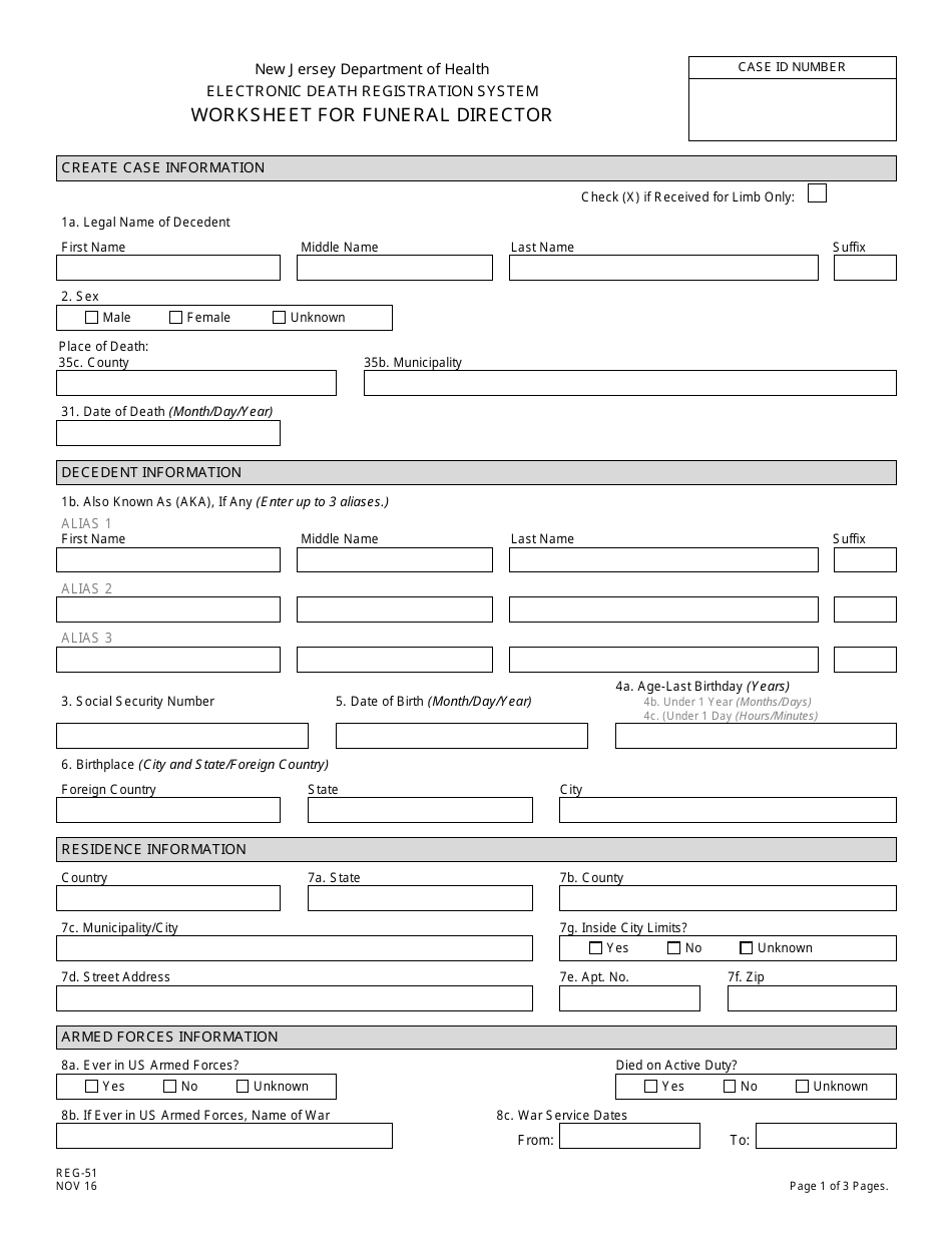 Form REG-51 Worksheet for Funeral Director - New Jersey, Page 1