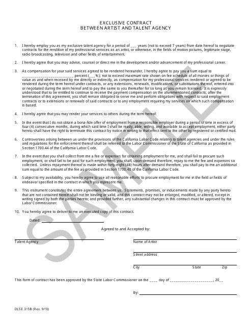 DLSE Form 315B Exclusive Contract Between Artist and Talent Agency - Sample - California
