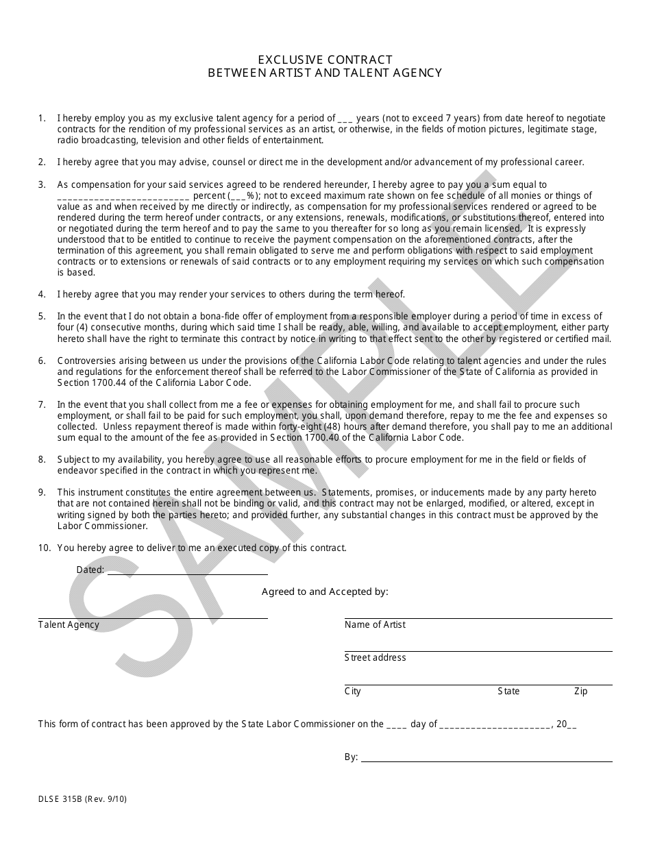 DLSE Form 315B Exclusive Contract Between Artist and Talent Agency - Sample - California, Page 1